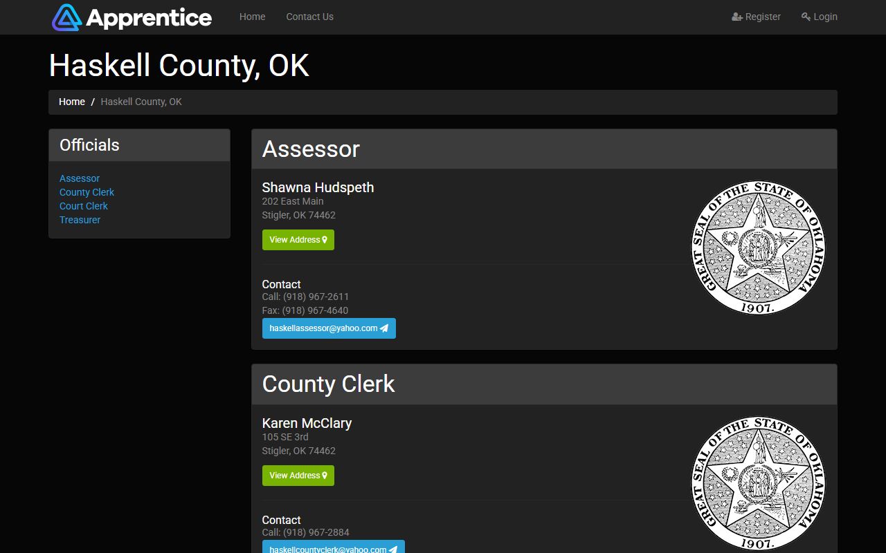 Haskell County Court Clerk listing in the official county directory