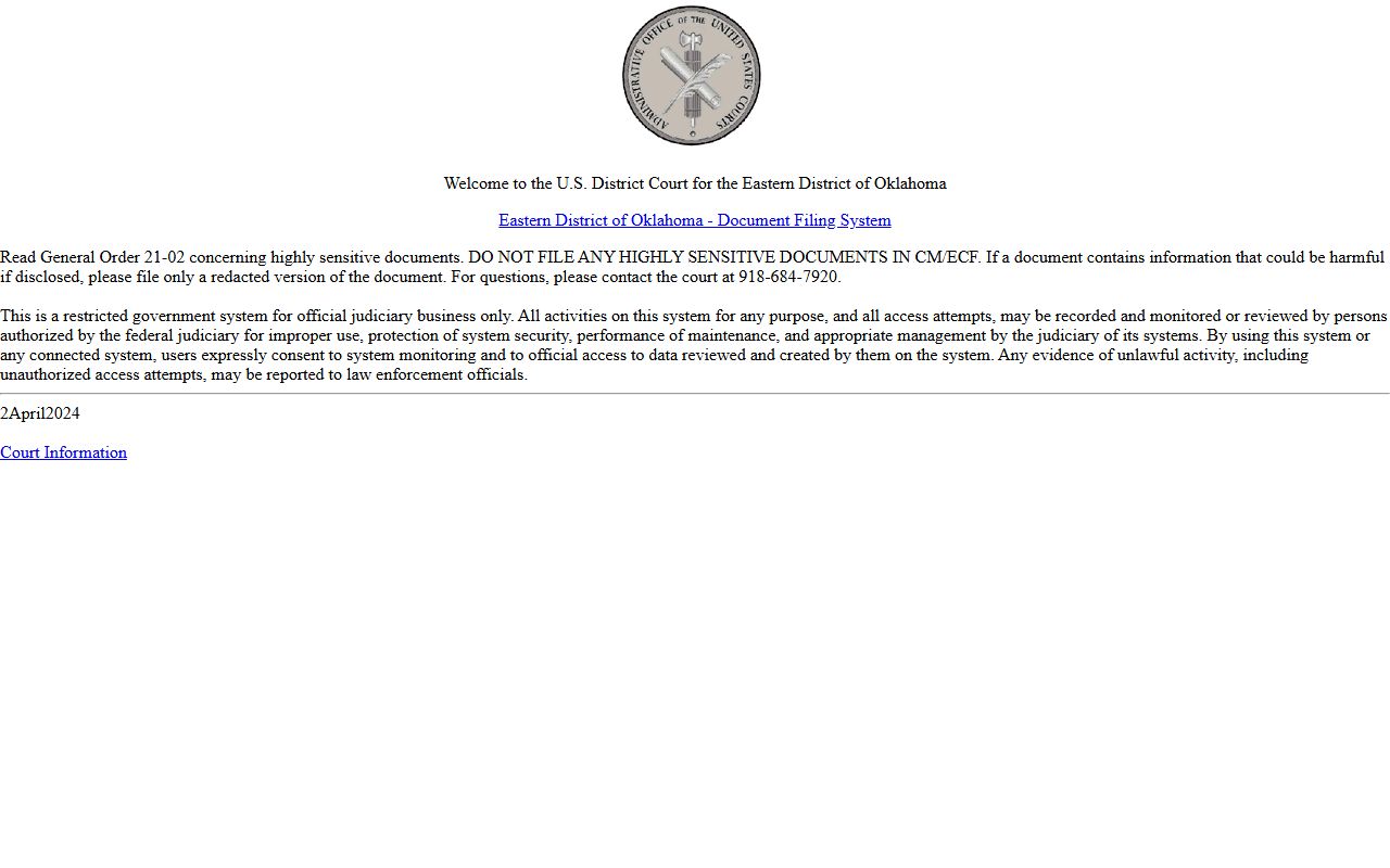 Eastern District CM/ECF system separate from Haskell County court dockets