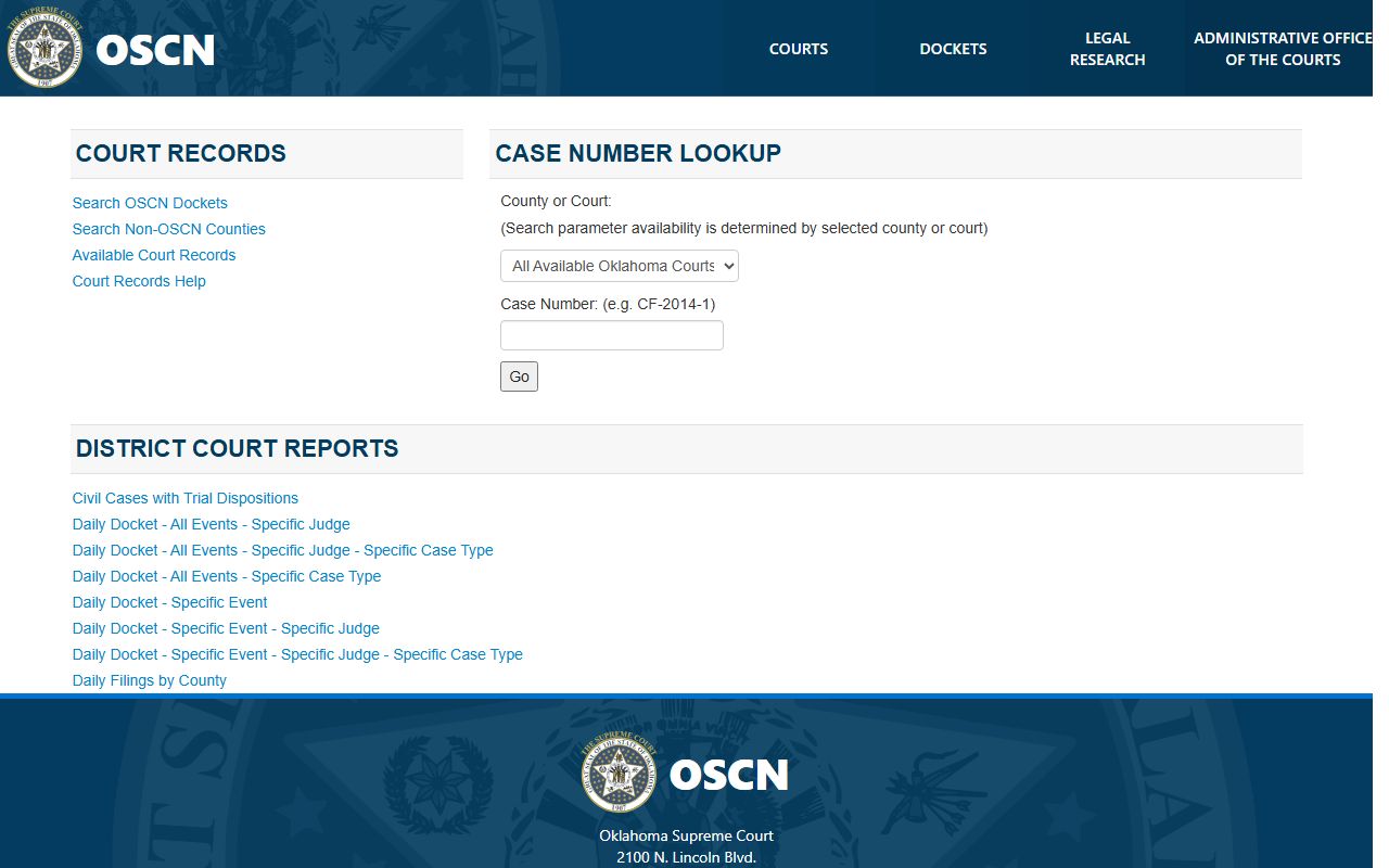 OSCN docket landing page used for a Haskell County court records search