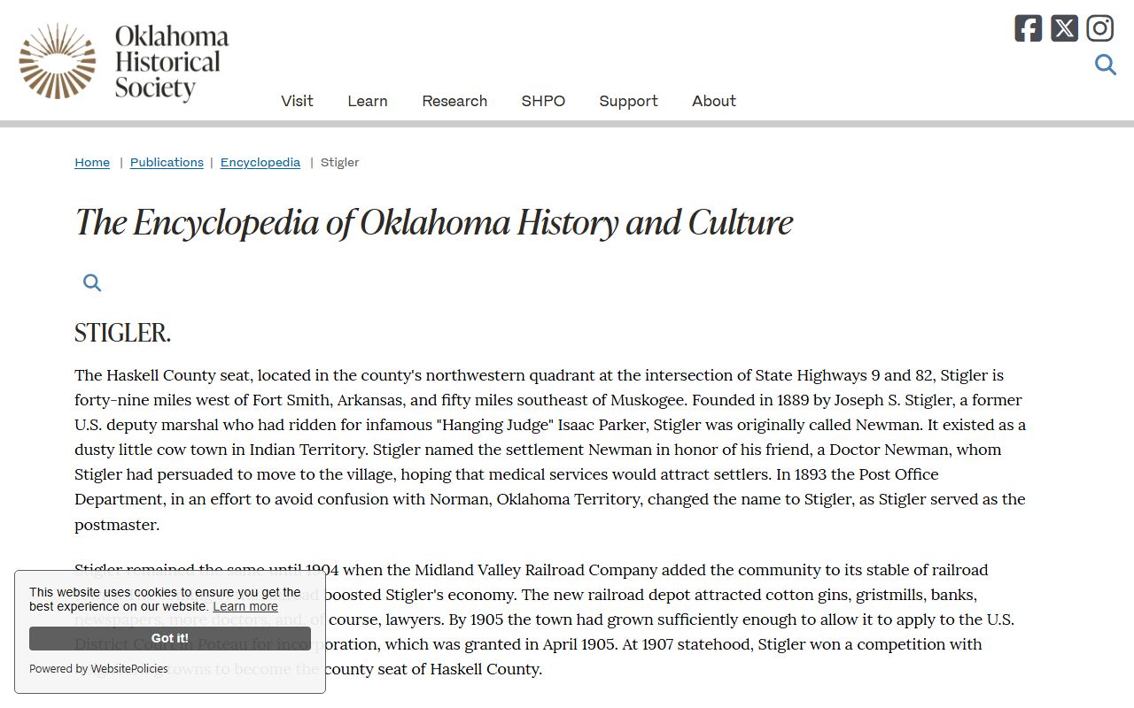 Stigler history context for Haskell County court records