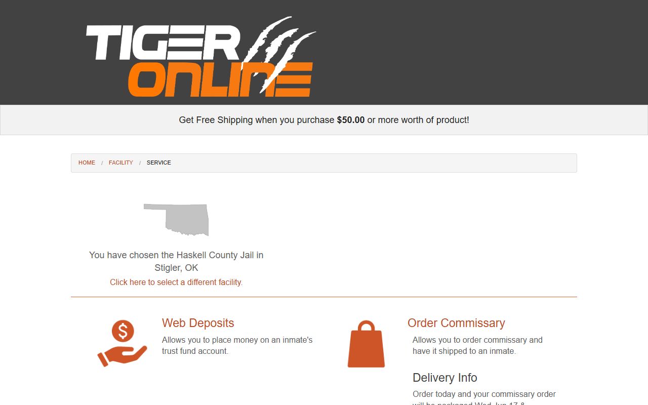 Haskell County jail commissary deposits through Tiger Commissary